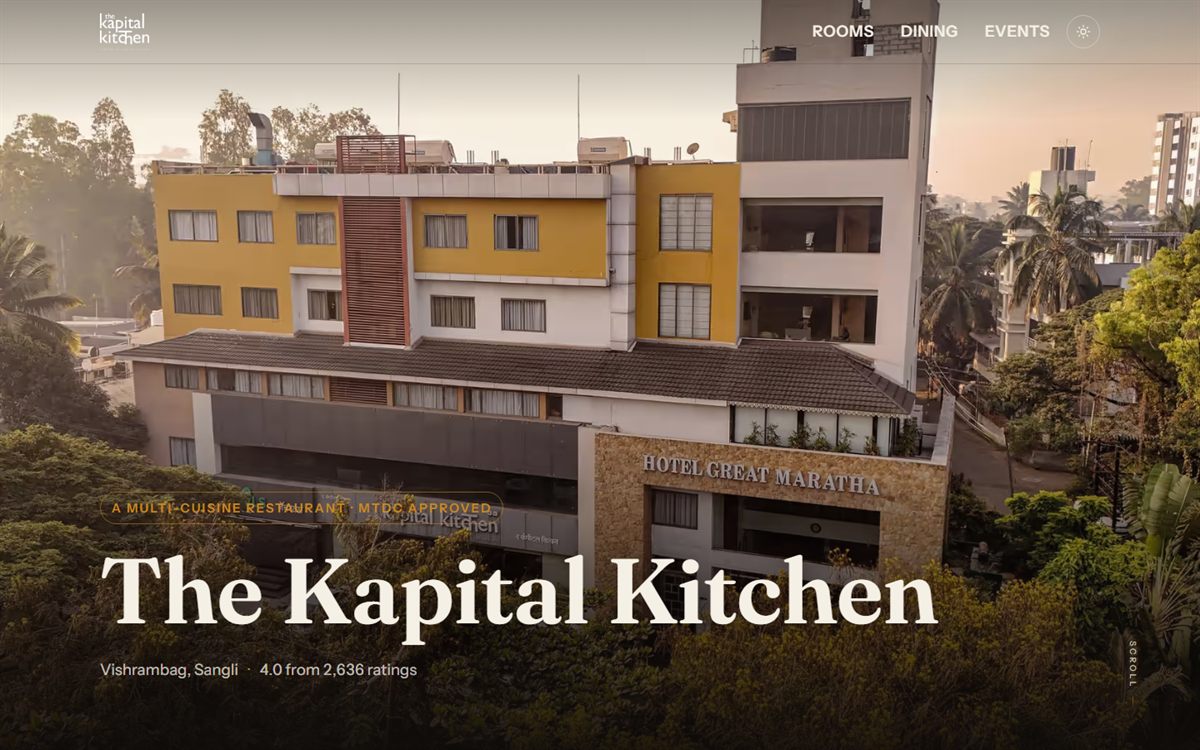 The Kapital Kitchen Sangli restaurant and hotel website homepage designed by OrbitalTech Studio